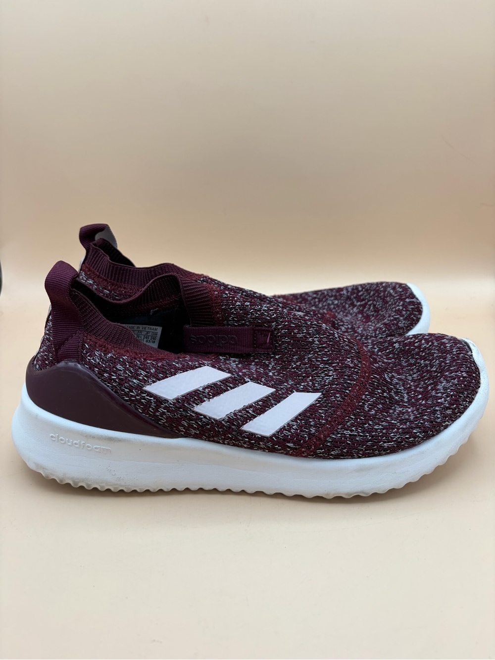 Adidas Women’s Size 7.5 Maroon Knit Slip-On Sneakers with White Stripes